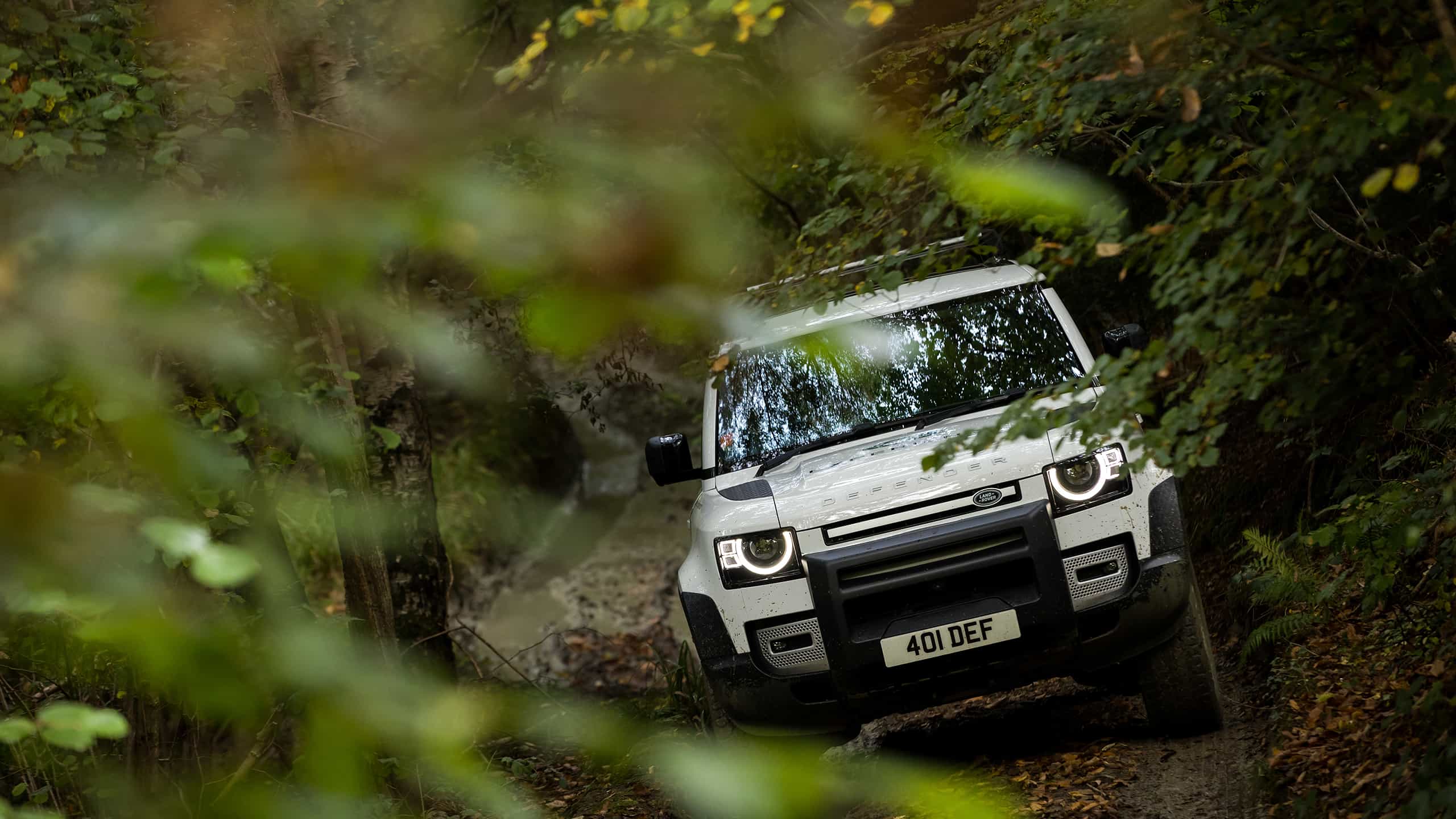 Defender in the forest, moving on off-road near view.